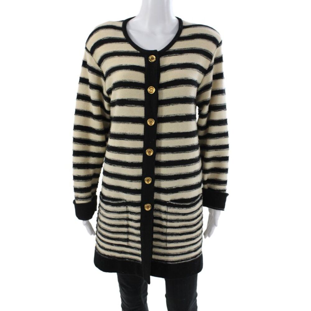 Sonia Rykiel Women Cardigan Black Striped Long Sleeve Round Neck Wool Size 40
